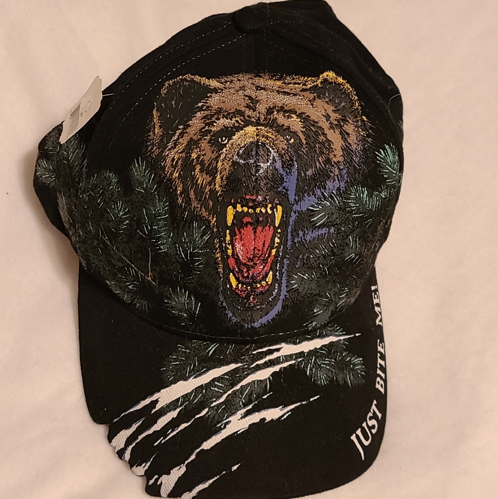 Black Cap with Bear Graphic And Bite Mark Cutouts On Bill